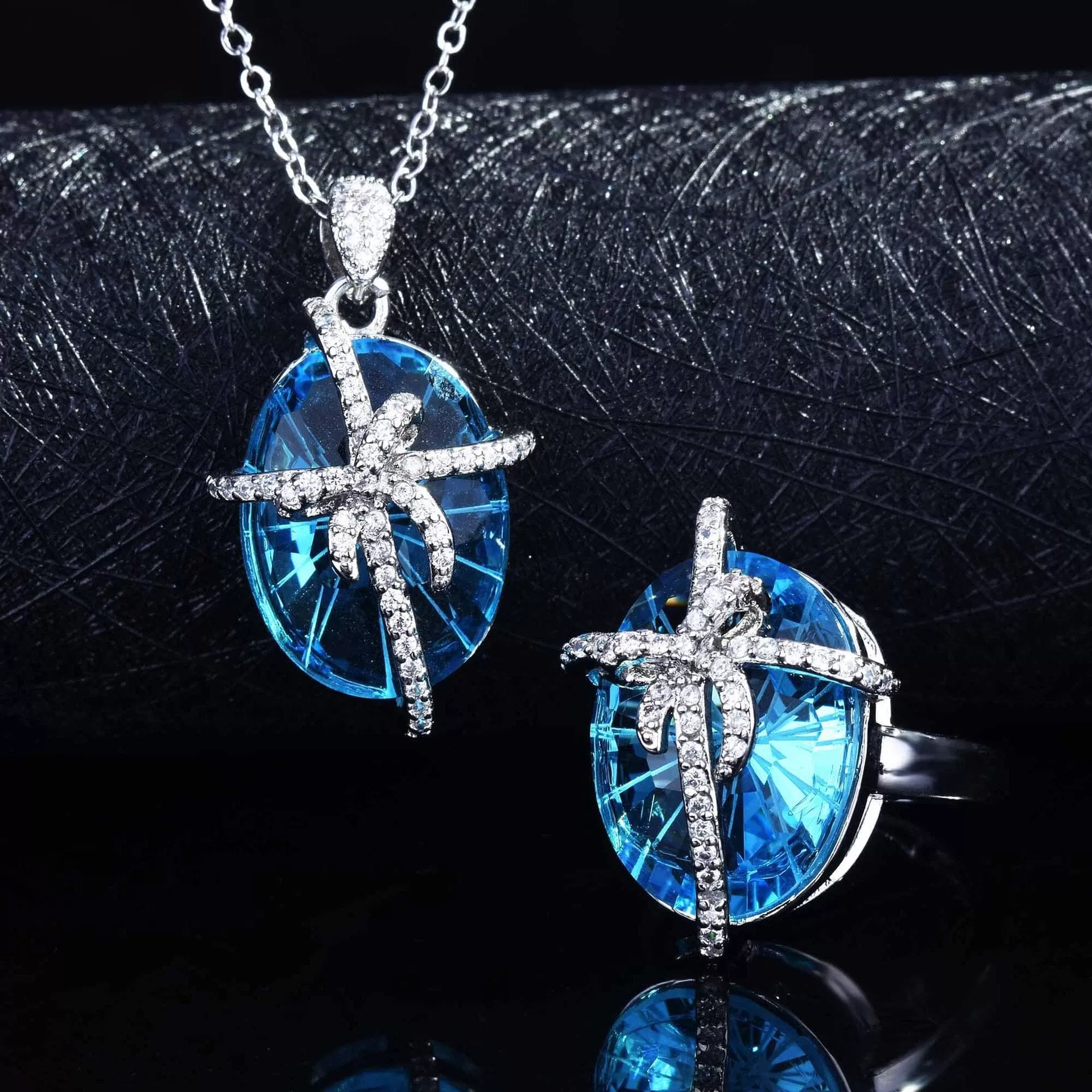 Super Fairy Bow Blue Aquamarine Jewelry Set