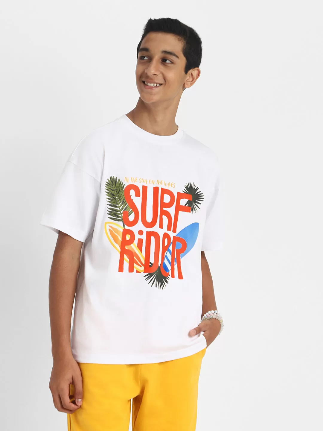 Surf Rider White Oversized Graphic Front Printed Boys T-shirt