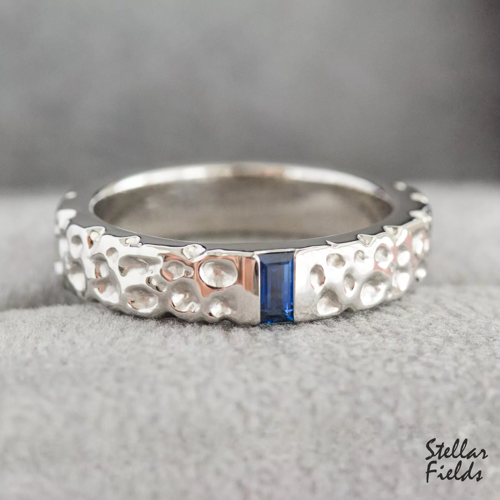 Textured Wedding Band Cornflower Blue Sapphire Modern Unique OOAK