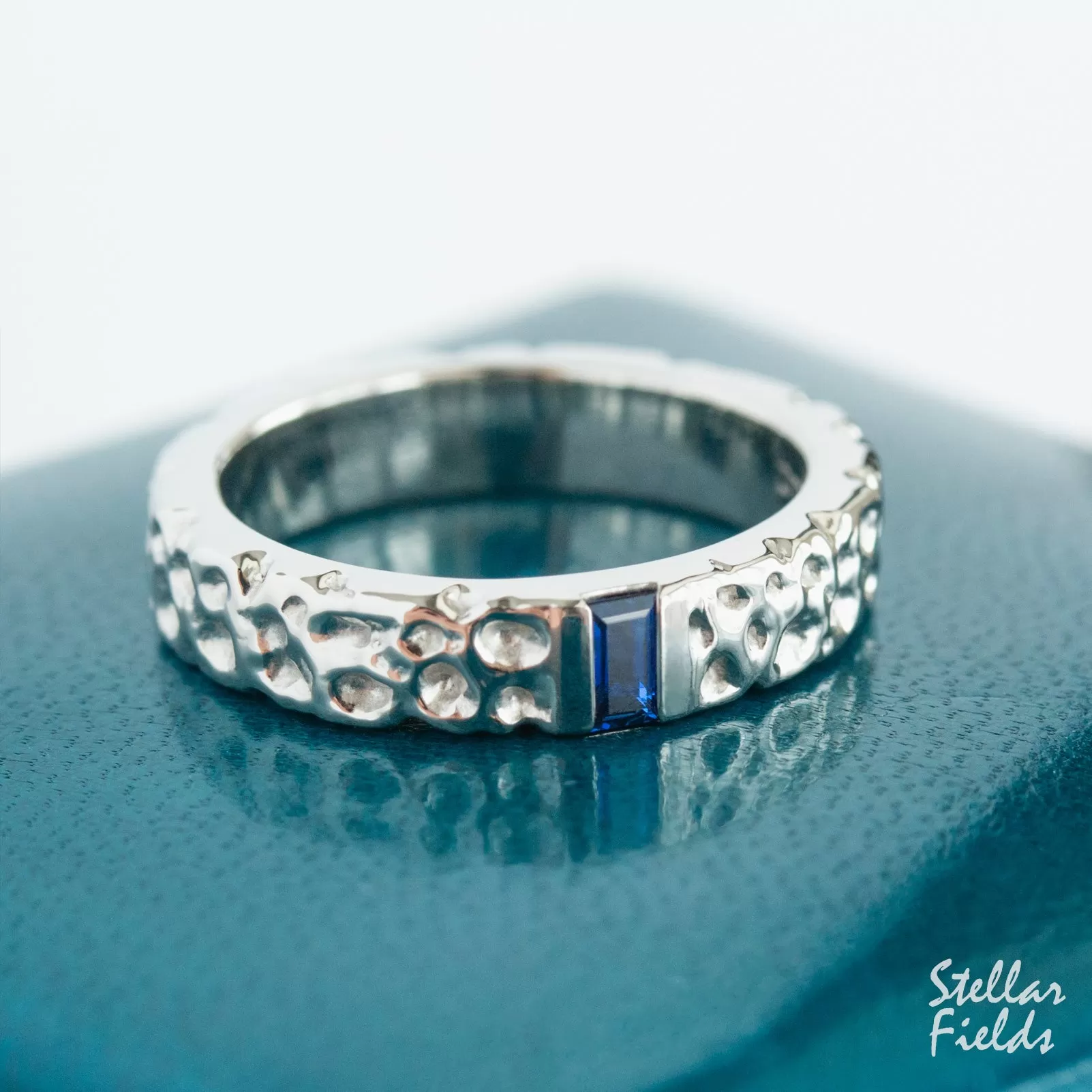 Textured Wedding Band Cornflower Blue Sapphire Modern Unique OOAK