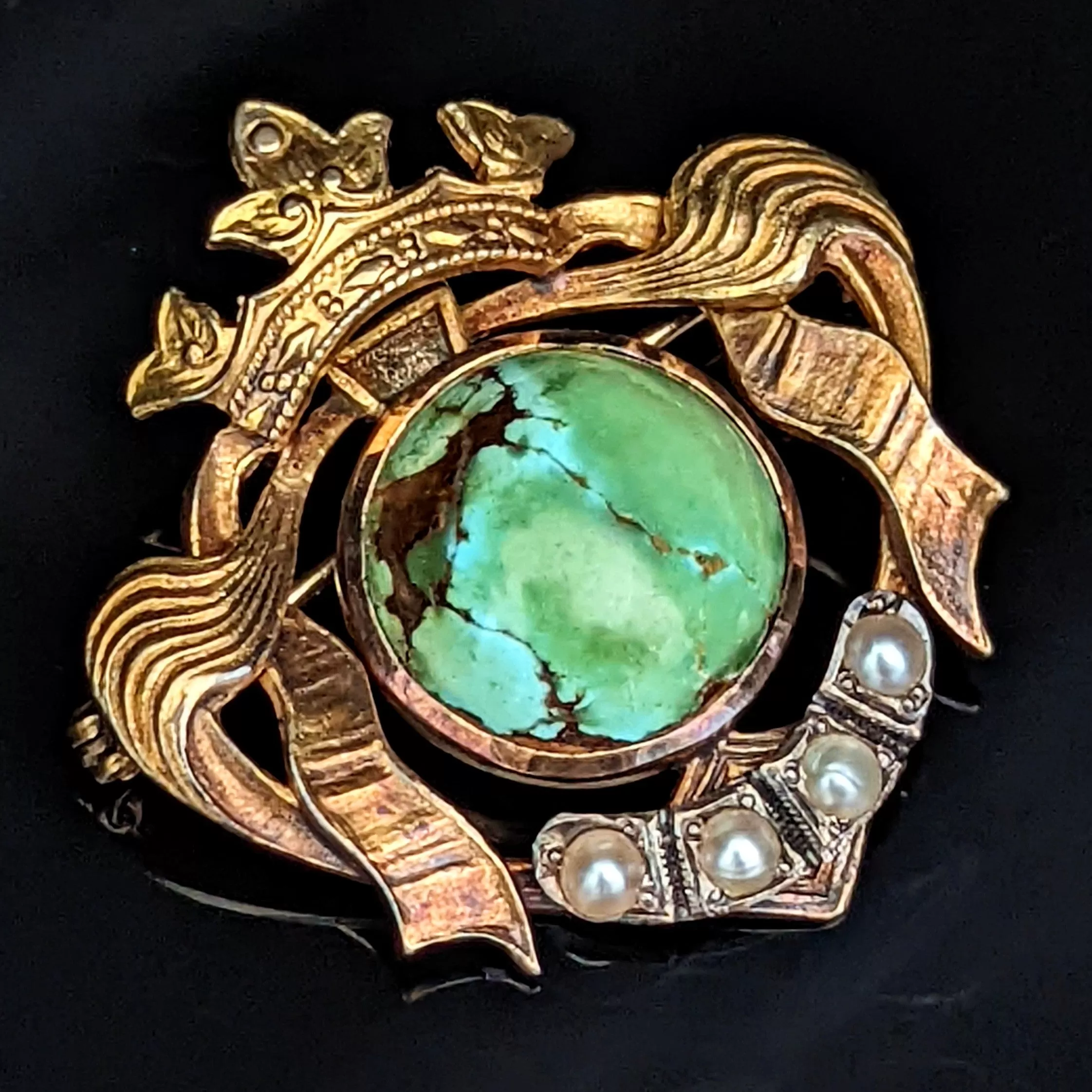 The Ames - Victorian Turquoise Seed Pearl & 14k Gold Regal Brooch with Crown