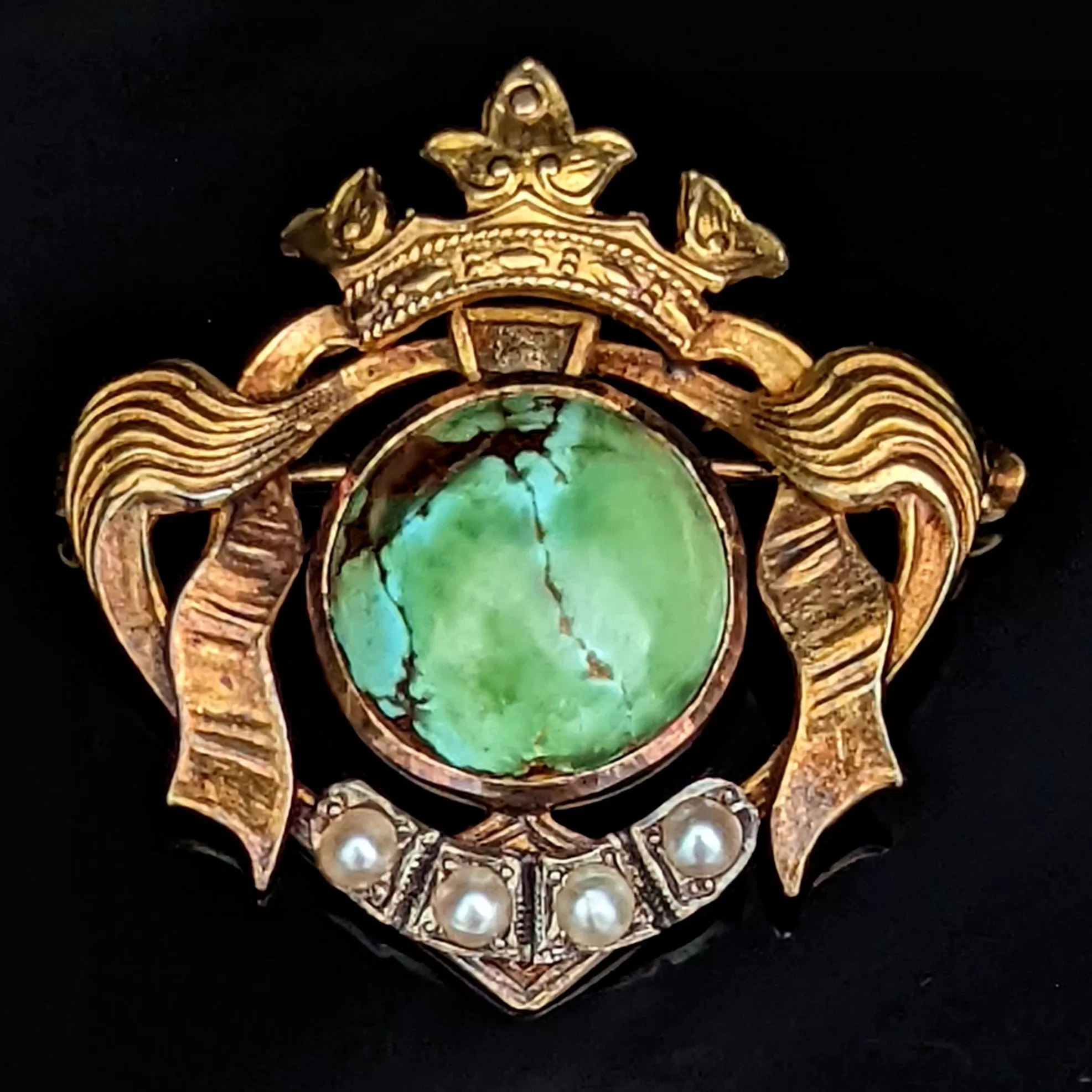 The Ames - Victorian Turquoise Seed Pearl & 14k Gold Regal Brooch with Crown