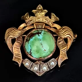 The Ames - Victorian Turquoise Seed Pearl & 14k Gold Regal Brooch with Crown