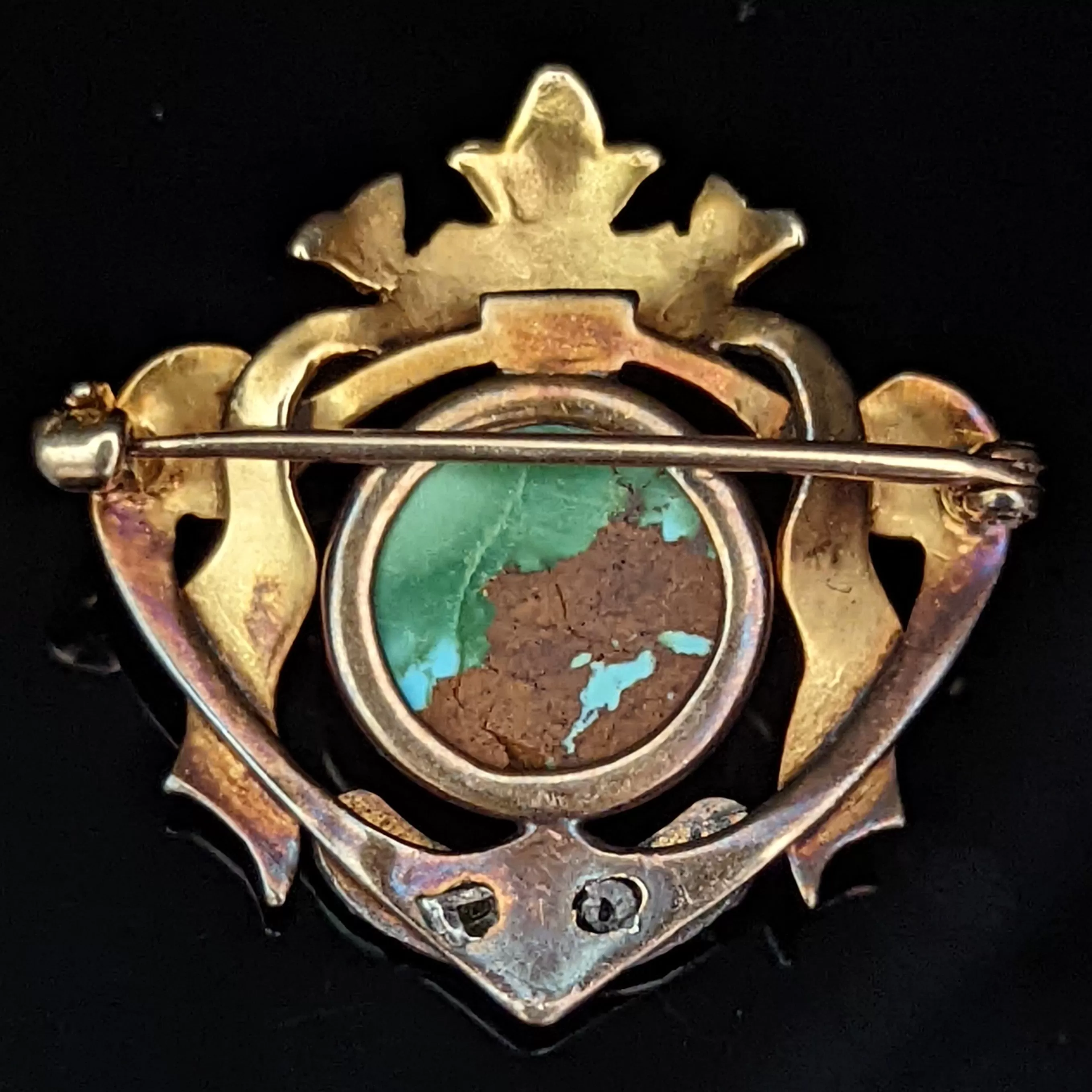 The Ames - Victorian Turquoise Seed Pearl & 14k Gold Regal Brooch with Crown