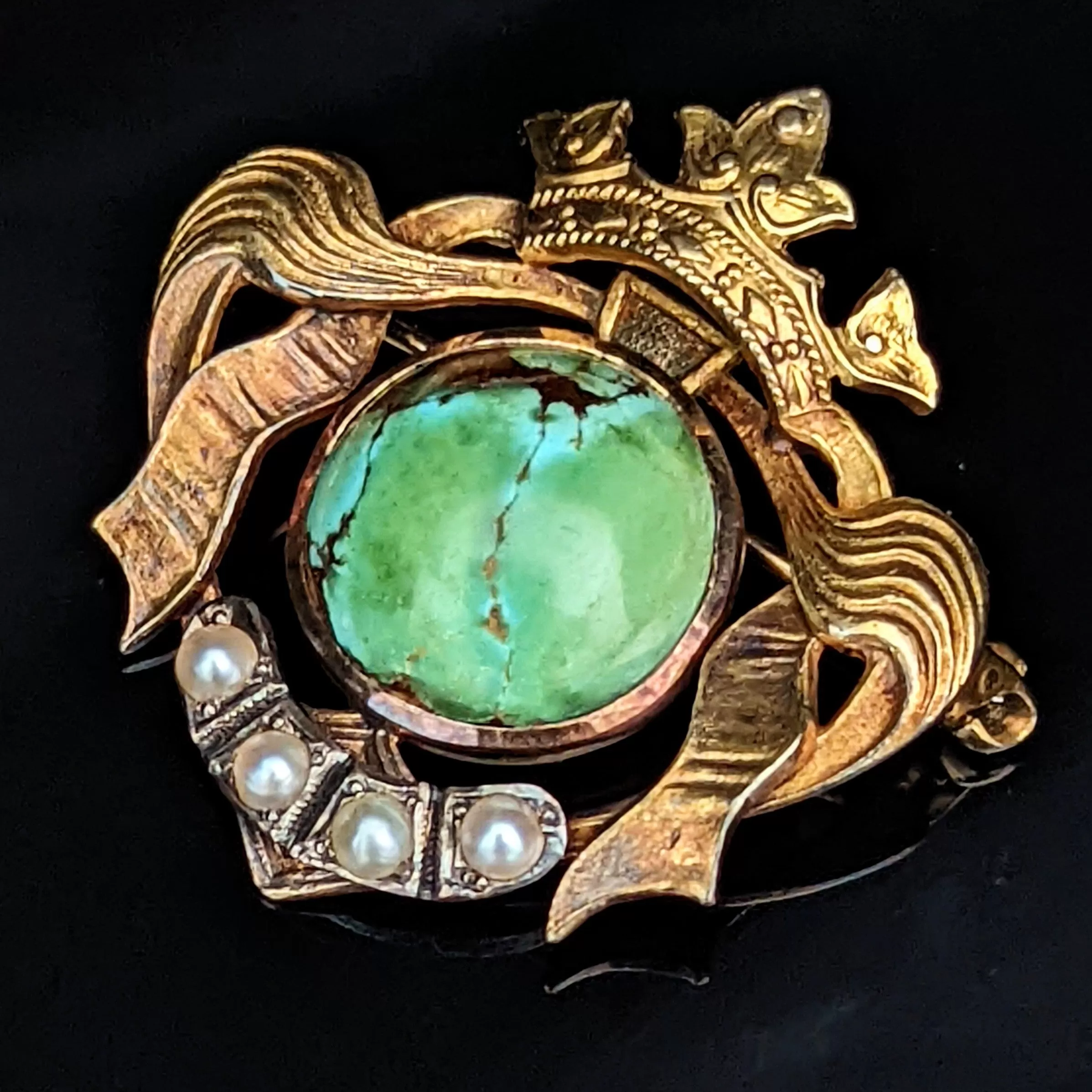 The Ames - Victorian Turquoise Seed Pearl & 14k Gold Regal Brooch with Crown