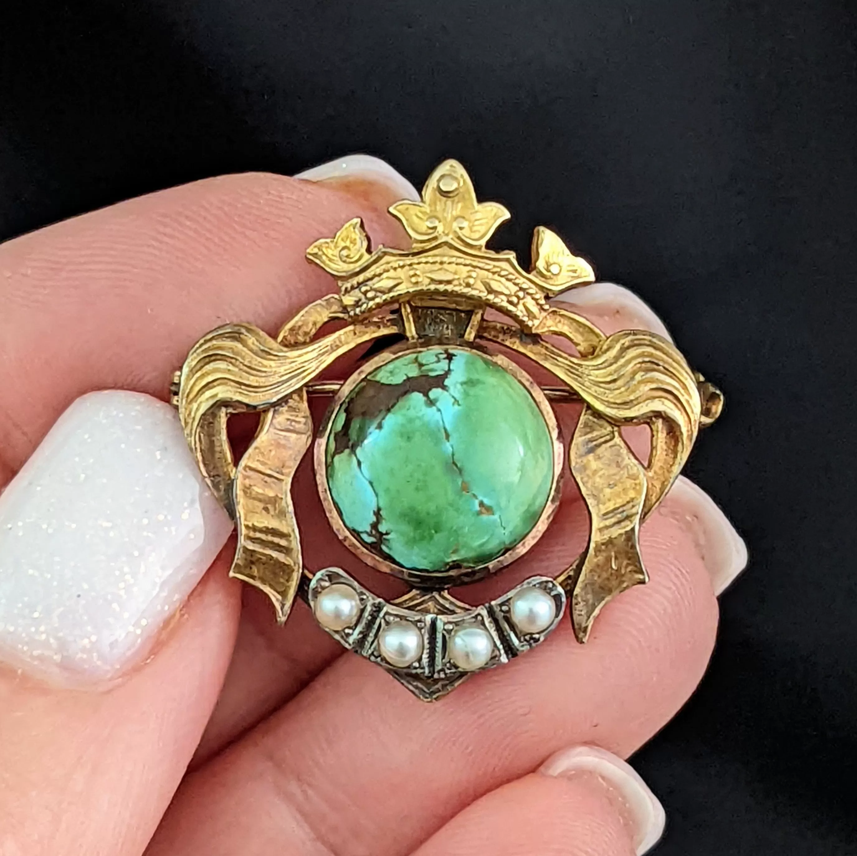 The Ames - Victorian Turquoise Seed Pearl & 14k Gold Regal Brooch with Crown