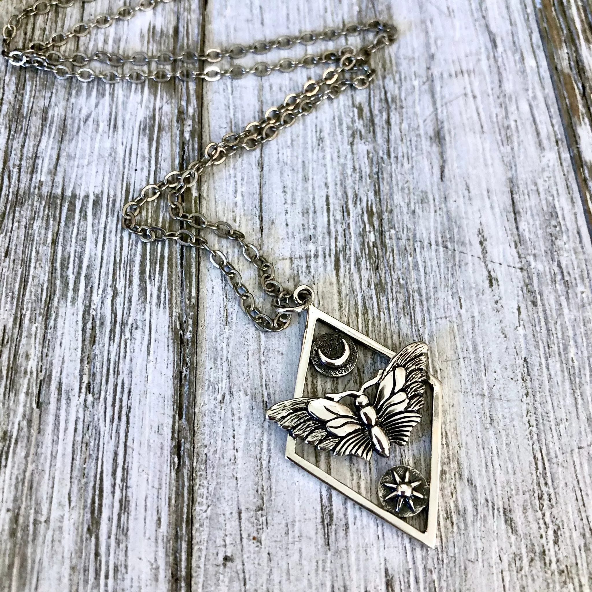 Tiny Talisman Collection - Sterling Silver Geometric Moth Necklace with Sun and Moon 32x21mm  /