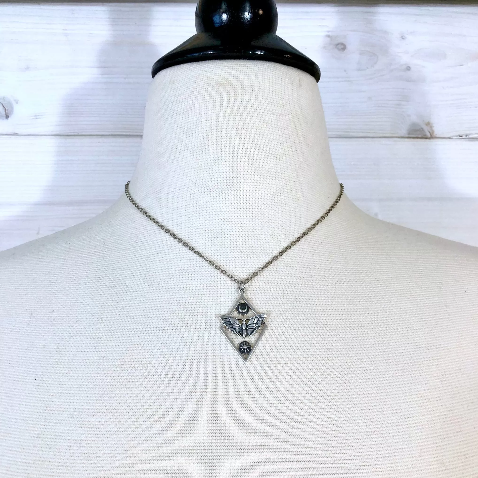 Tiny Talisman Collection - Sterling Silver Geometric Moth Necklace with Sun and Moon 32x21mm  /