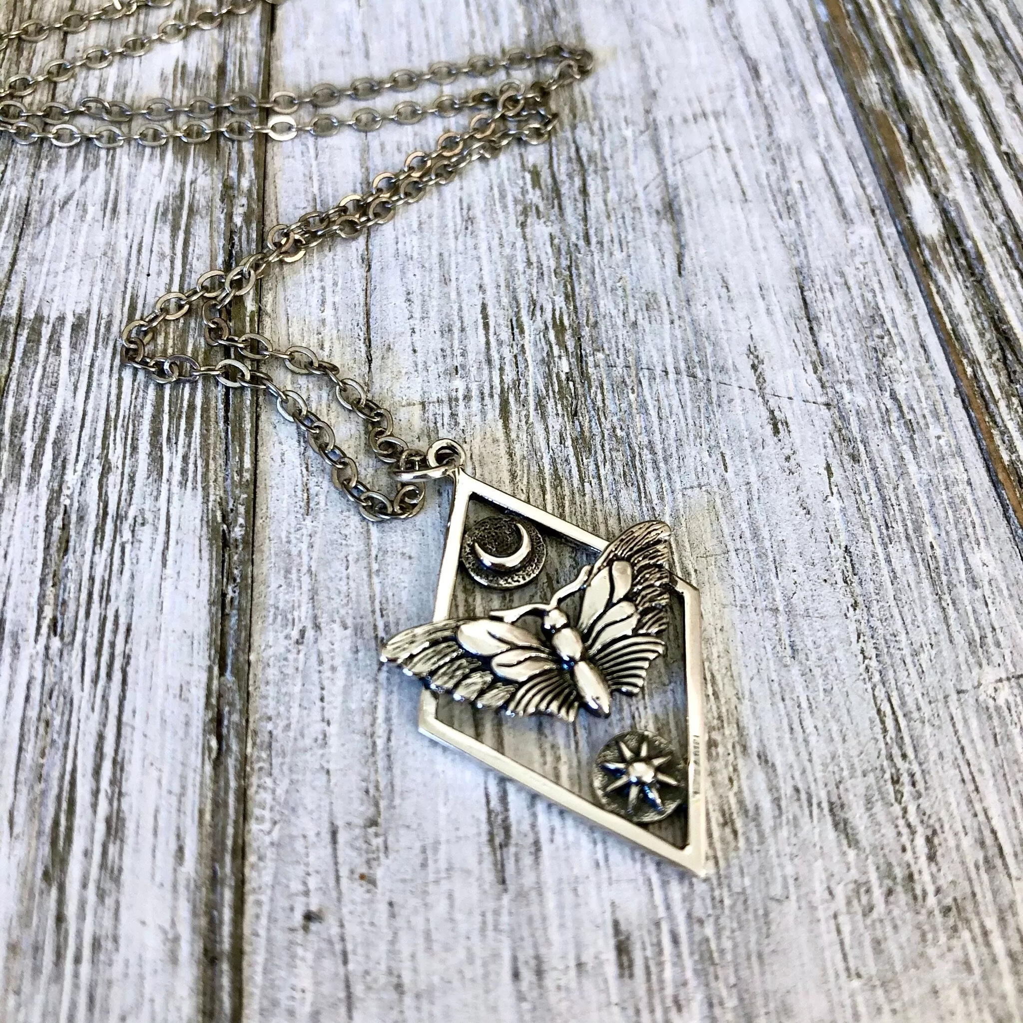 Tiny Talisman Collection - Sterling Silver Geometric Moth Necklace with Sun and Moon 32x21mm  /