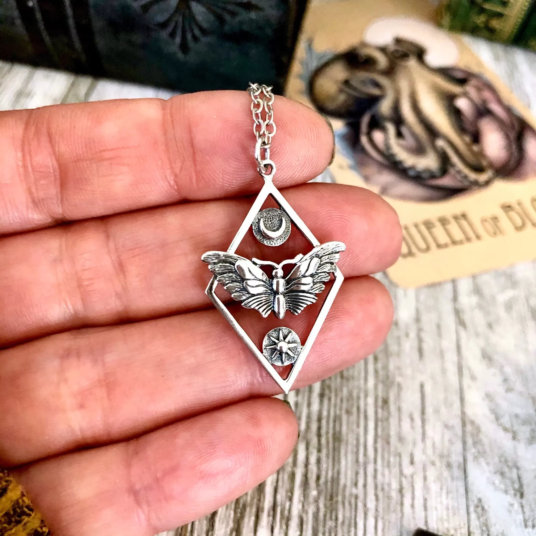 Tiny Talisman Collection - Sterling Silver Geometric Moth Necklace with Sun and Moon 32x21mm  /