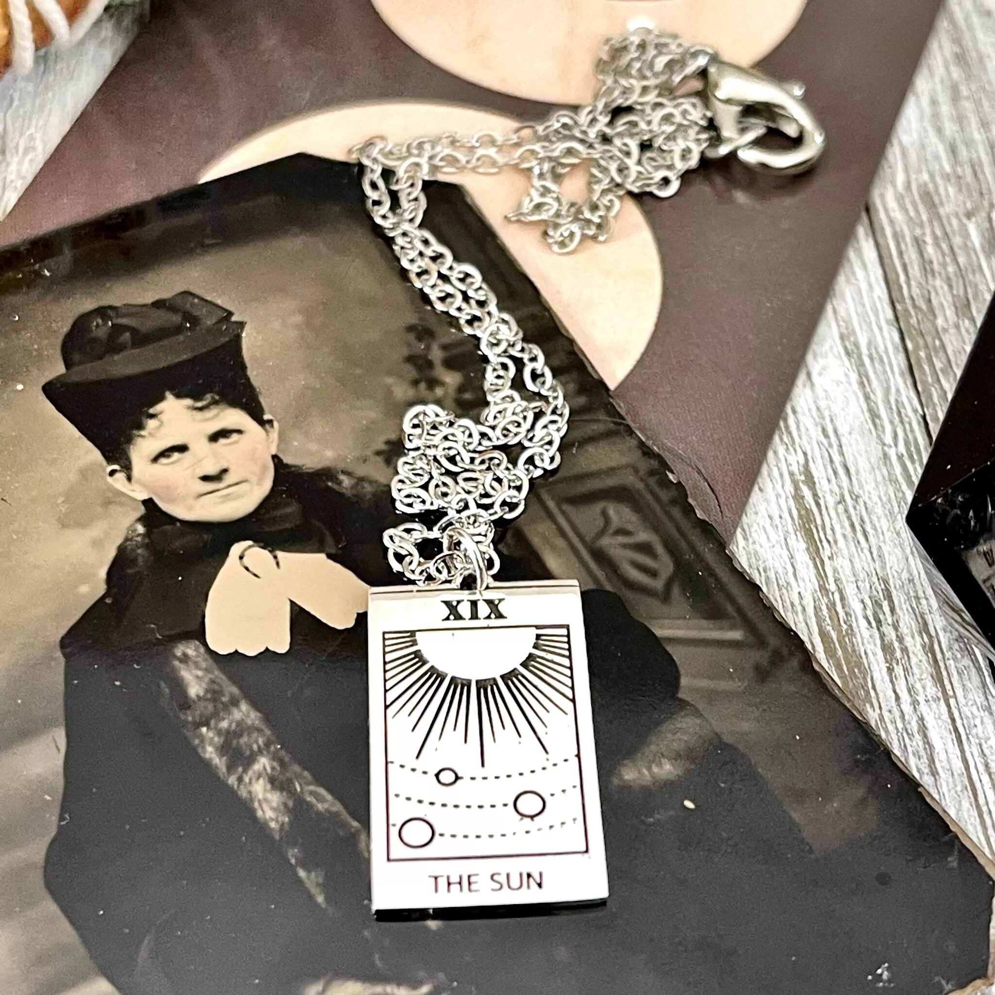 Tiny Talisman Collection - Sterling Silver The Sun Tarot Card Necklace 24x14mm  /