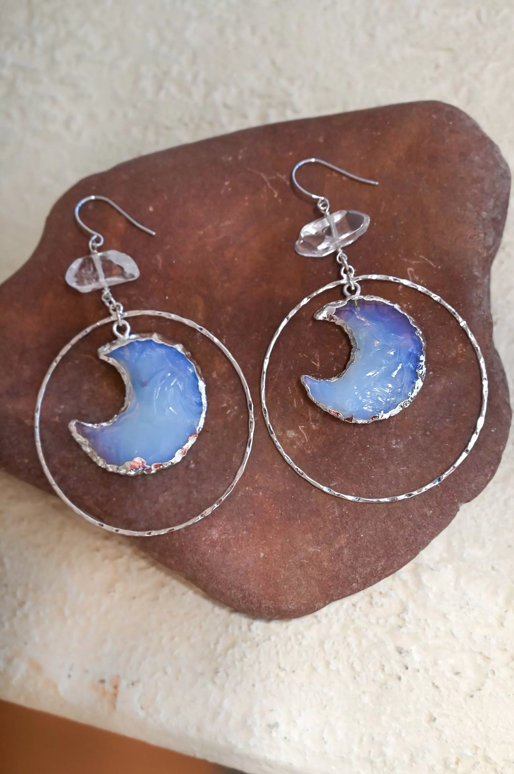 To The Moon Opalite & Quartz Silver Earrings