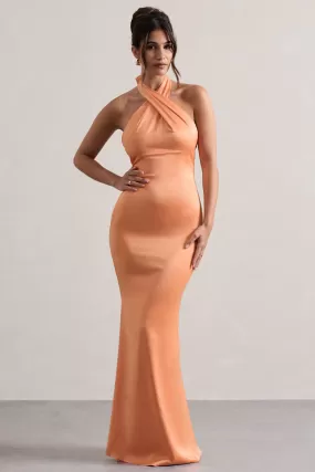 Unbeatable | Peach Satin Cross Over Halter-Neck Maxi Dress