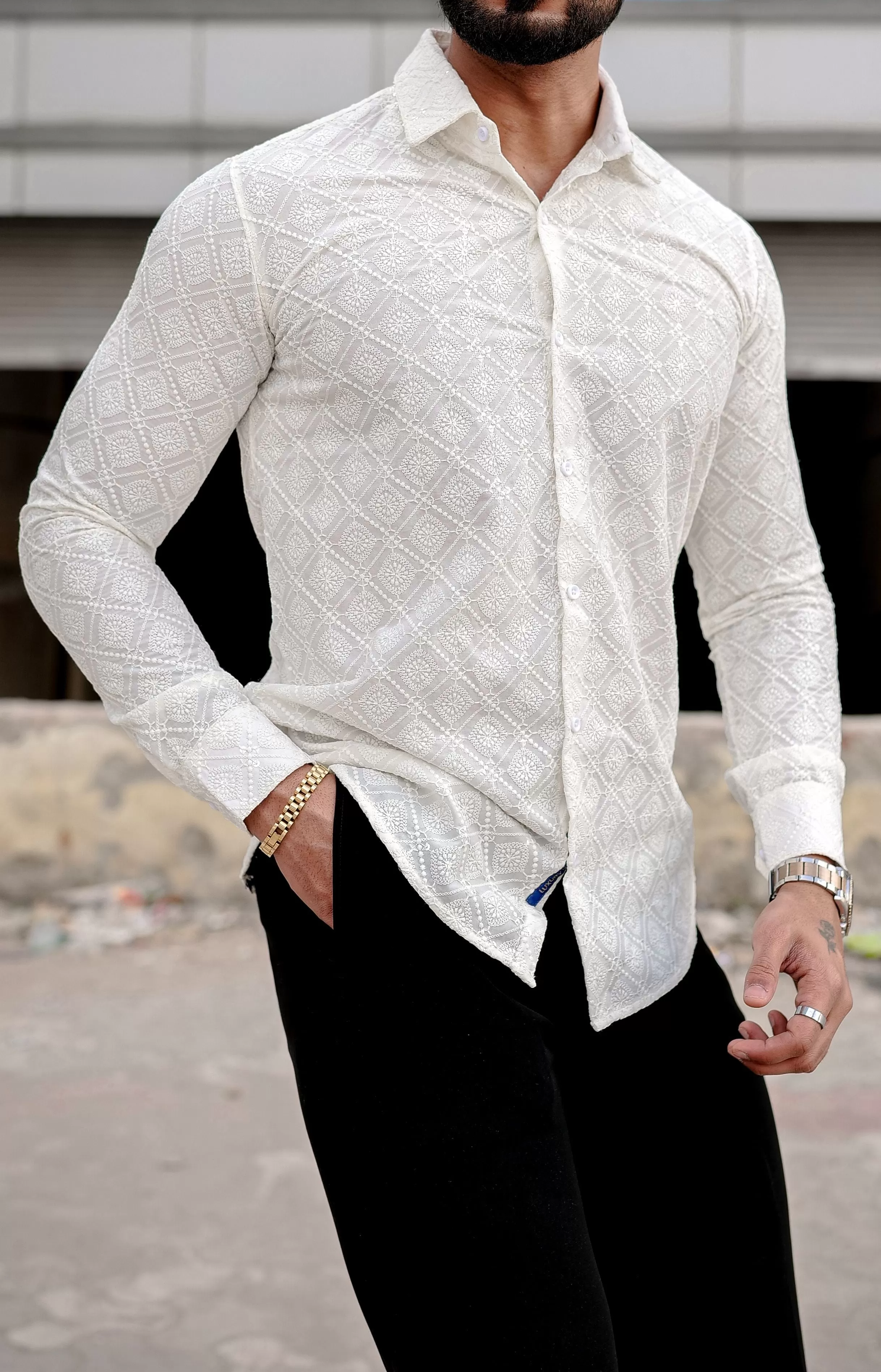 VOZIA Thrive Cream Chikankari Button-Up Men's Shirt