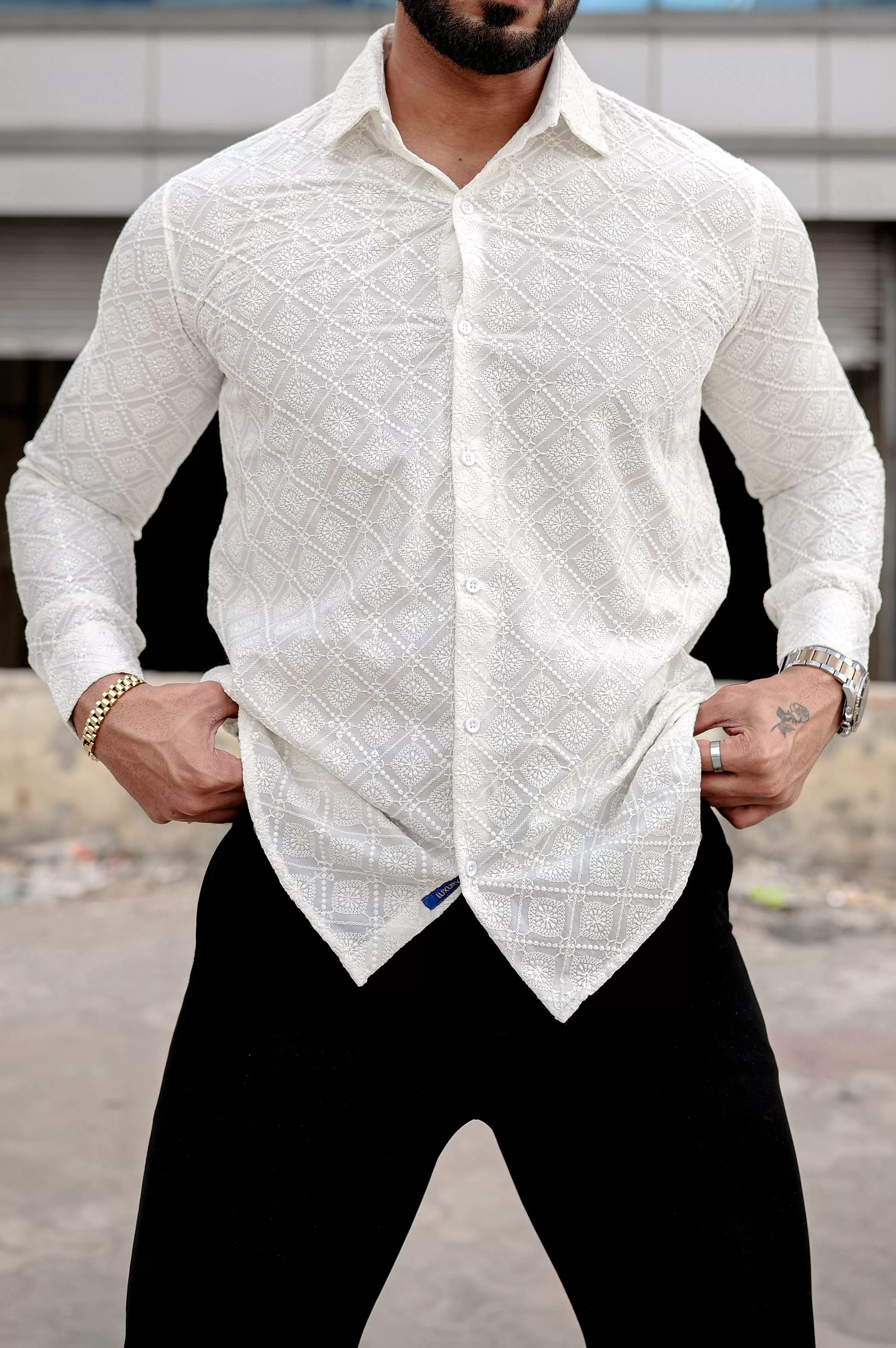 VOZIA Thrive Cream Chikankari Button-Up Men's Shirt