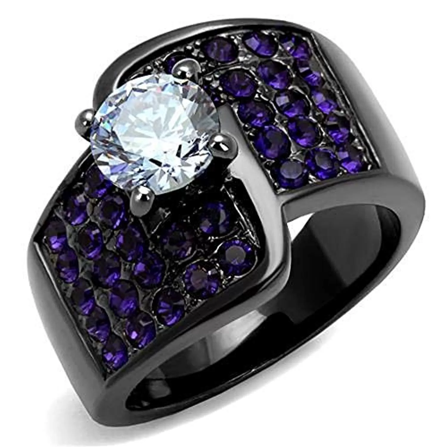 WildKlass Stainless Steel Ring IP Light Black (IP Gun) Women AAA Grade CZ Light Amethyst