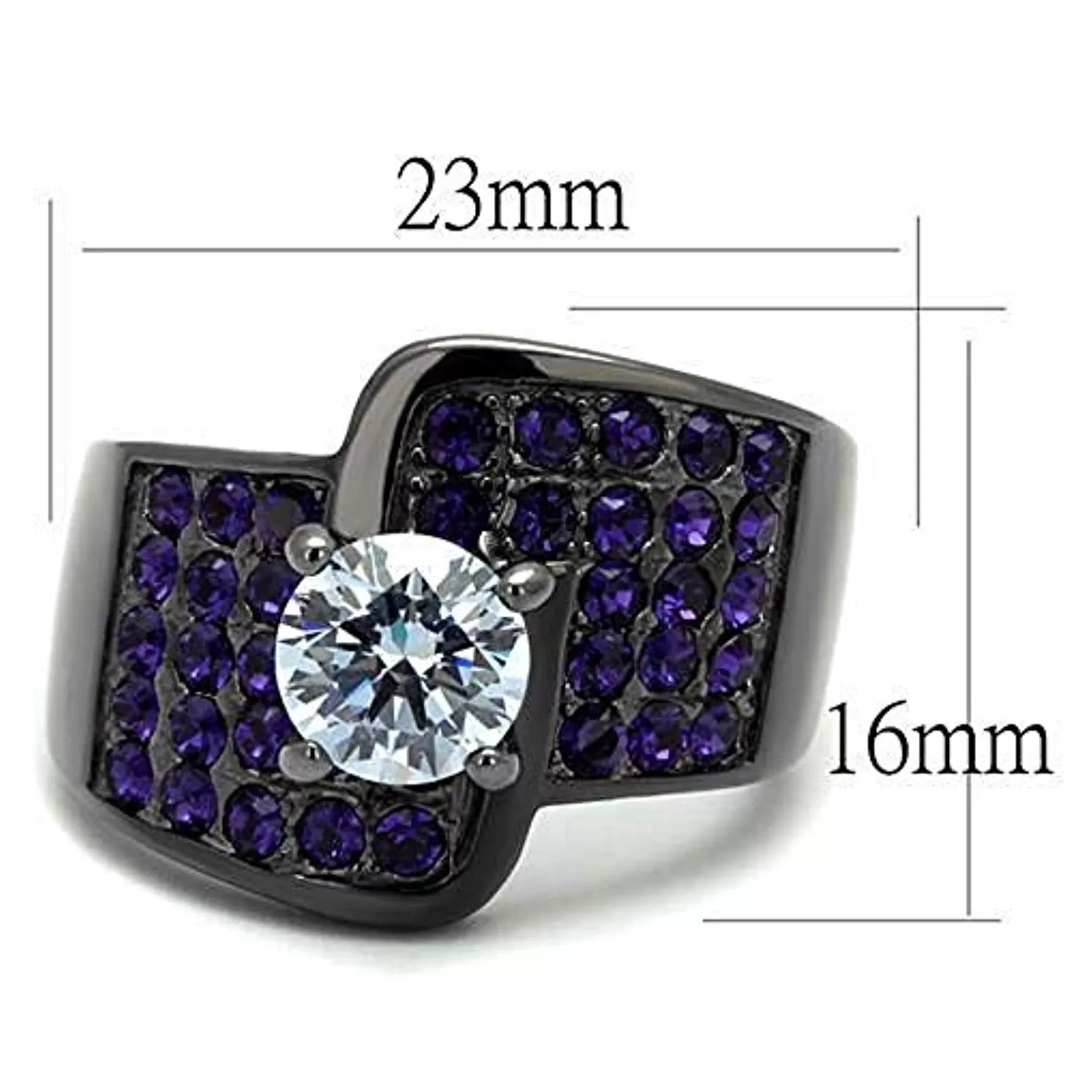 WildKlass Stainless Steel Ring IP Light Black (IP Gun) Women AAA Grade CZ Light Amethyst