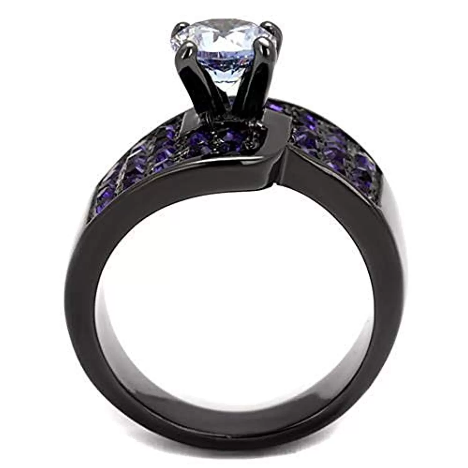 WildKlass Stainless Steel Ring IP Light Black (IP Gun) Women AAA Grade CZ Light Amethyst