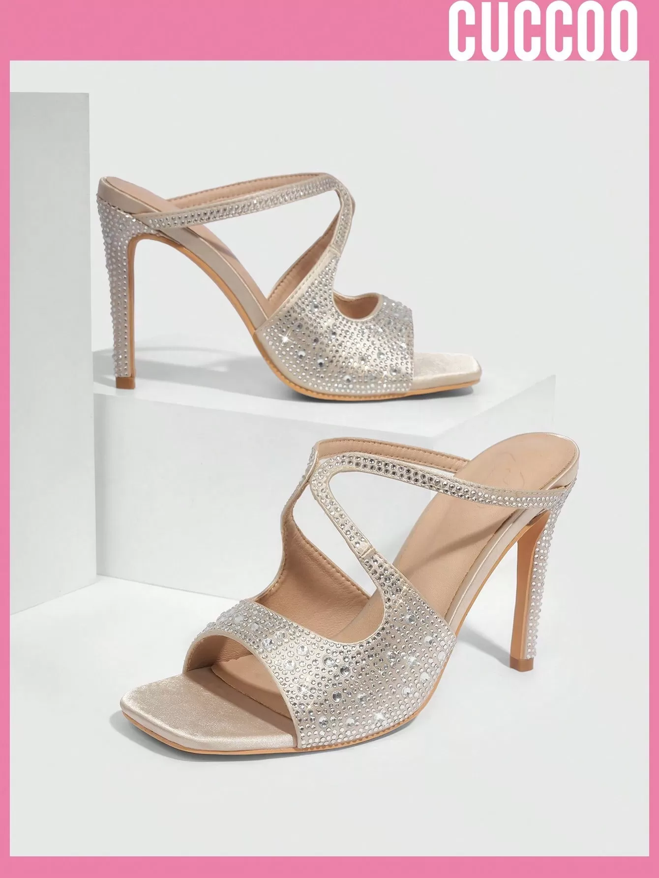 Woman Shoes High Heels Rhinestone Detail Square Toe Sandals For Spring And Summer