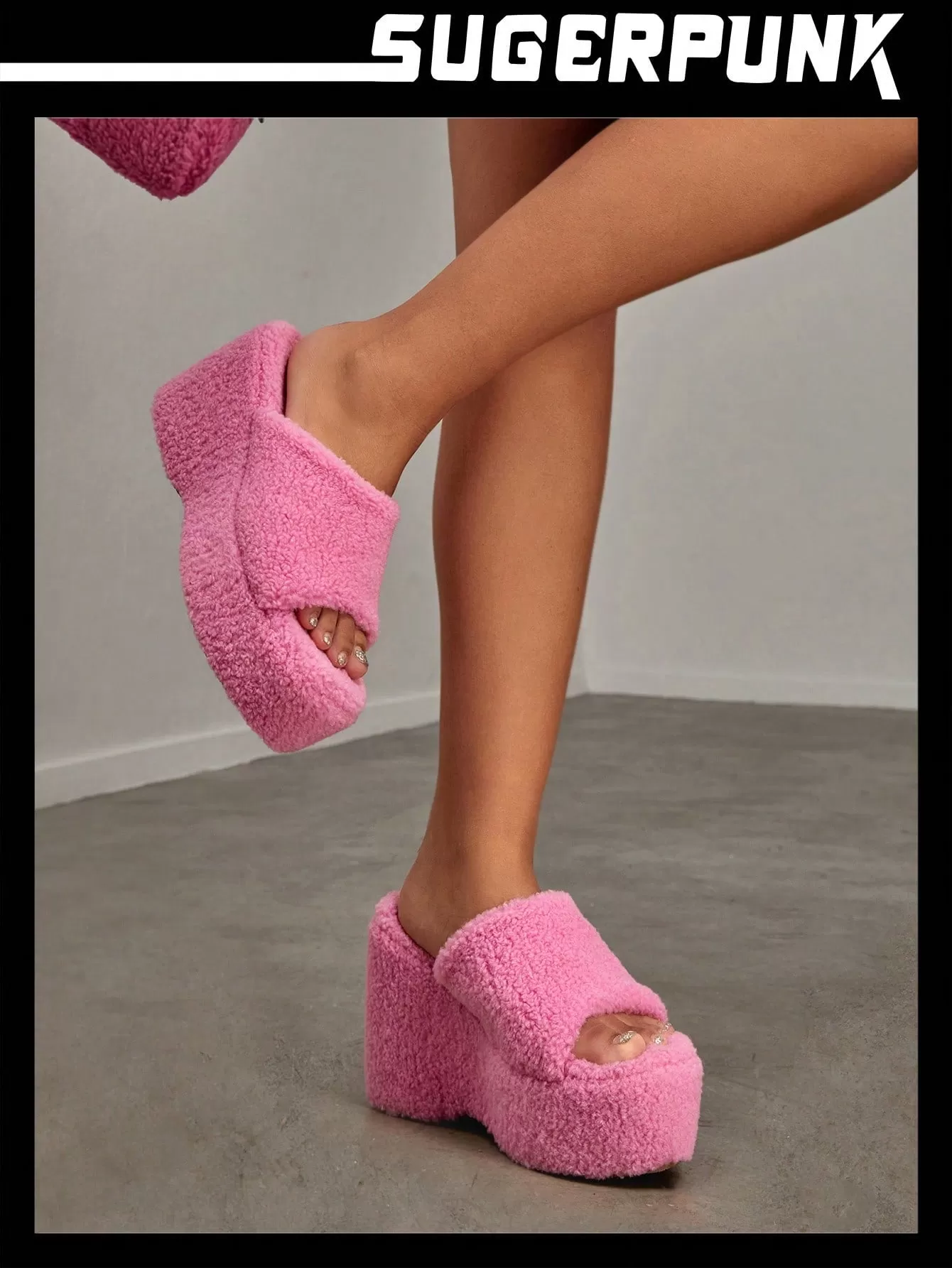 Women Shoes Valentine Days Day Neon-Pink Fuzzy Wedge Slide Outdoor Sandals