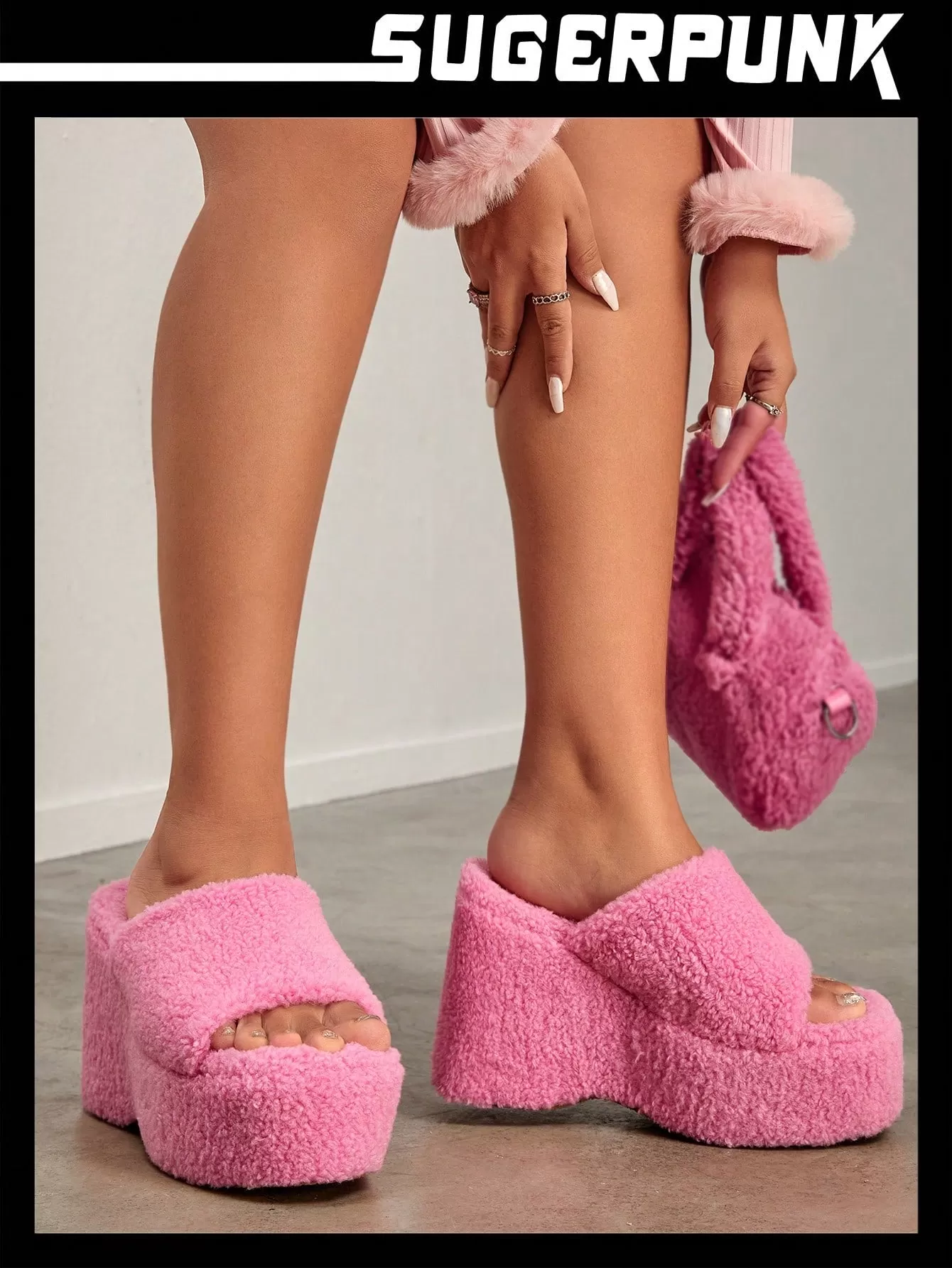 Women Shoes Valentine Days Day Neon-Pink Fuzzy Wedge Slide Outdoor Sandals