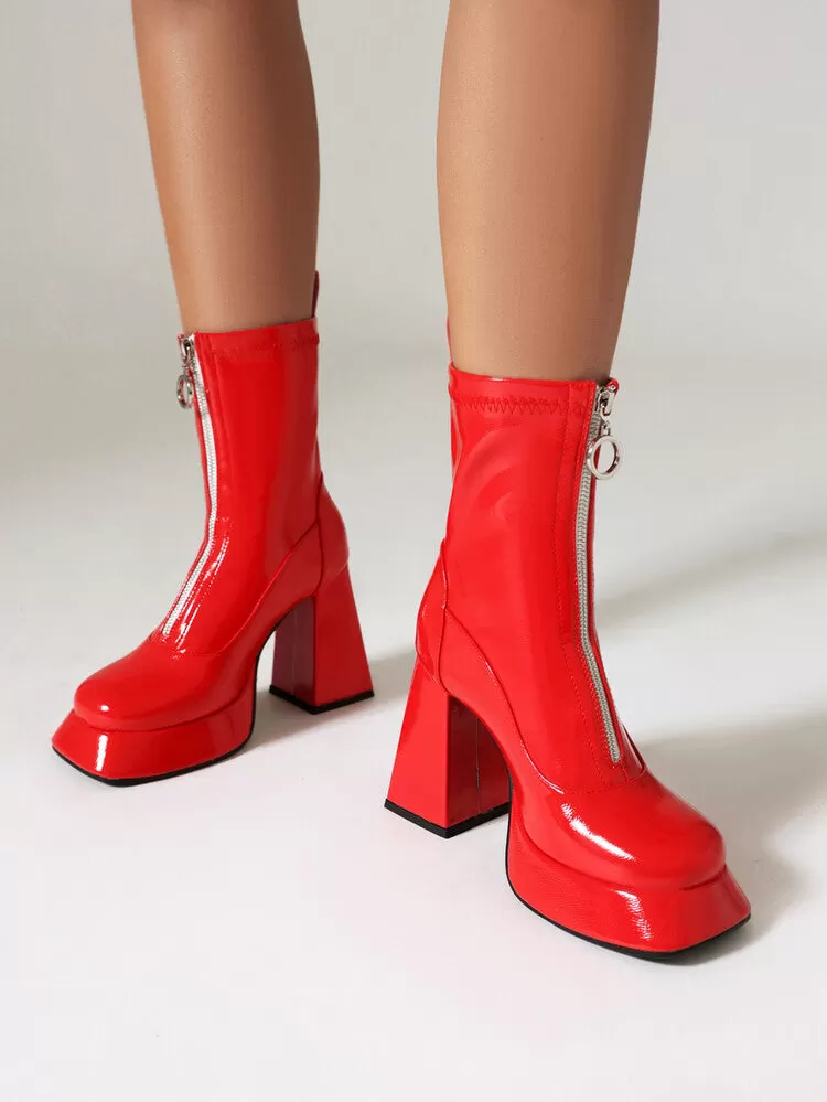 Women's Booties Glossy Zippers Chunky Heel Platform Short Boots