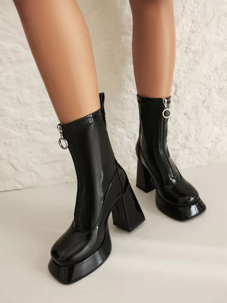 Women's Booties Glossy Zippers Chunky Heel Platform Short Boots