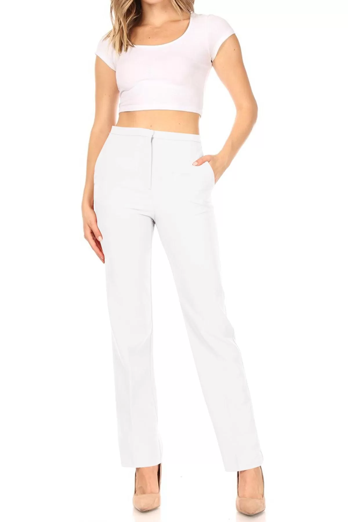 Women's Casual Straight Woven Dress Pants for Office Work