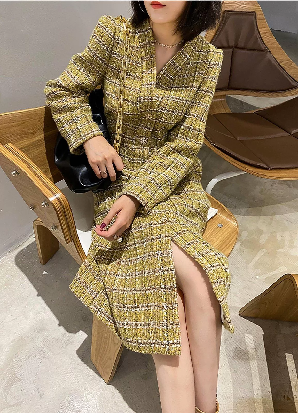 Women's V-Neck Tweed Wool Coat,Single Breasted Wool Trench Dress,Fall Winter Trench Coat,Wool Blend Over Coat,Long Dress,Tweed winter coat