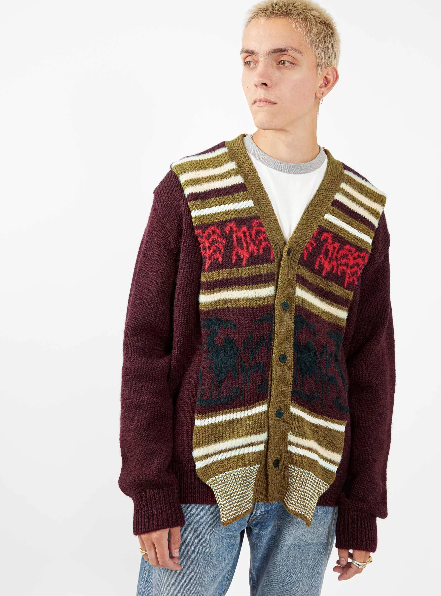 Wool Jacquard Knit Cardigan Dark Red