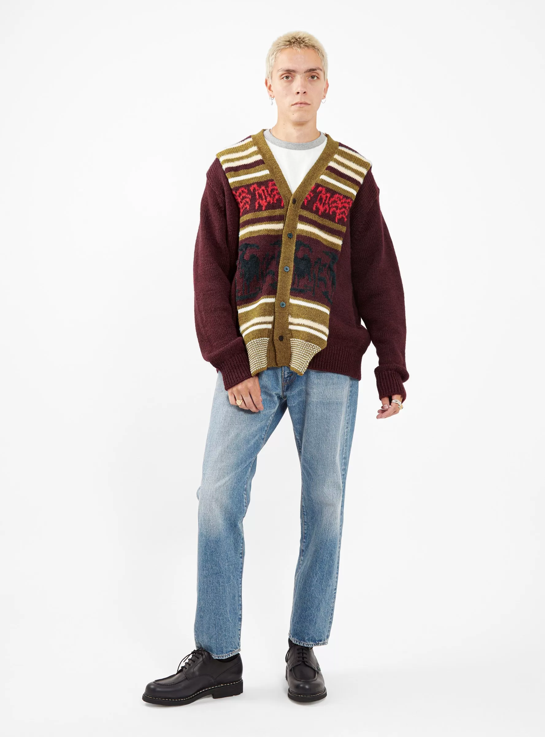 Wool Jacquard Knit Cardigan Dark Red