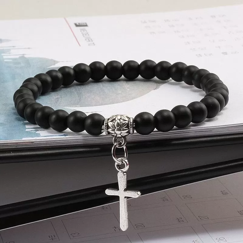 WWJD 6mm Boho Cross Natural Volcanic Stone Bracelet