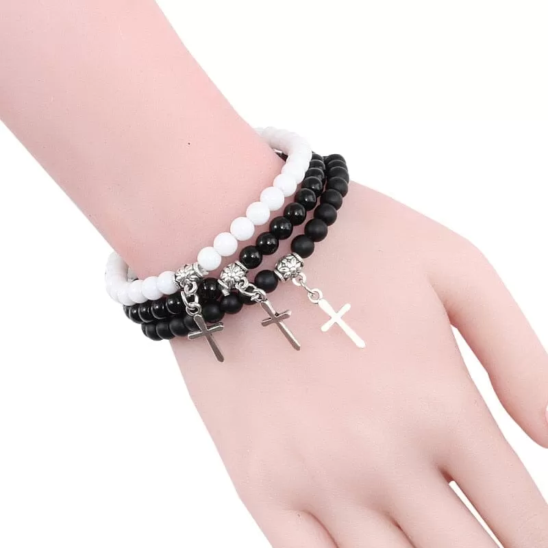 WWJD 6mm Boho Cross Natural Volcanic Stone Bracelet